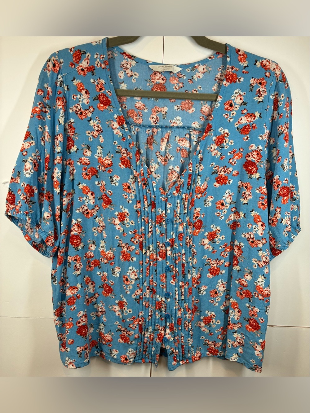 Lucky Brand Blue Floral Pintuck Peasant Blouse Women's Large Boho